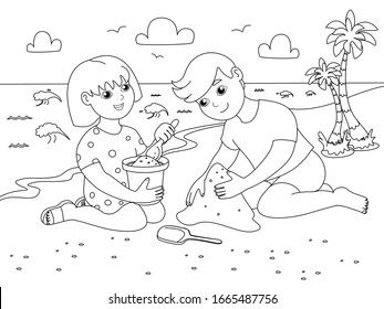 Children play on the sand beach. Holidays at sea. Children coloring. Black lines, white background. Cartoon vector illustration