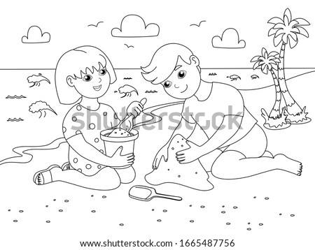 Children play on the sand beach. Holidays at sea. Children coloring. Black lines, white background. Cartoon vector illustration