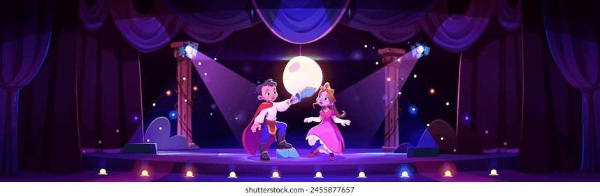 Children play on school theater stage with curtain. Princess kid on drama scene with actor to show performance in kindergarten. 2d fantasy theatre spectacle entertainment on platform with actress