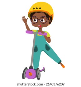 Children play on a scooter in the park, a kid plays on a scooter in a protective helmet. Summer rest. Outdoor activities,children characters. Vector illustration.
