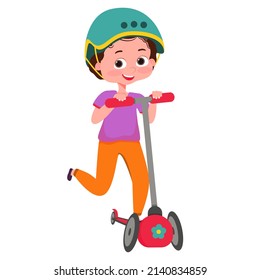 Children play on a scooter in the park, a kid plays on a scooter in a protective helmet. Summer rest. Outdoor activities,children characters. Vector illustration.