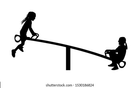 Children play on seesaw silhouette. Rocking chair climbing teeter vector. Happy kids fun in entertainment park. Girls after school. Friends outdoor recreation. Sisters swinging vector silhouette.