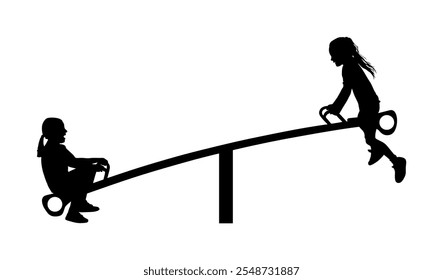 Children play on seesaw silhouette. Rocking chair climbing teeter vector. Happy kids fun in entertainment park. Girls after school. Friends outdoor recreation. Sisters swinging vector silhouette.