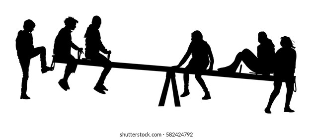 Children Play On Seesaw Silhouette. Seesaw Climbing Teeter Vector. Happy Kids Fun In Entertainment Park. Teenagers After School. Friends Outdoor Recreation. Girls And Boys Swinging Vector Silhouette