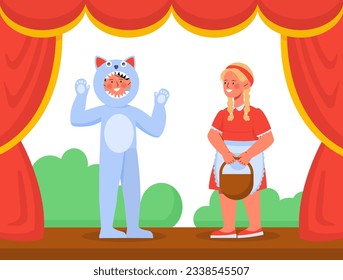 Children play on stage concept. Boy in wolf suit and girl in red suit at stage. Theater and cultural recreation and leisure. Show or perfomance with kids. Cartoon flat vector illustration