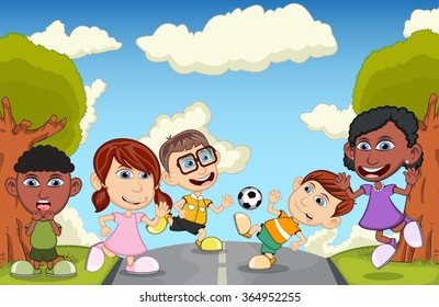 Children play on the street cartoon vector illustration