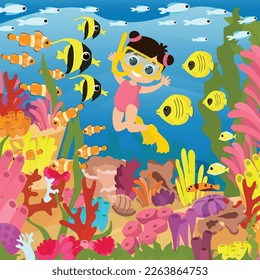 Children play on the tropical shore and swim on an inflatable crocodile. Under the water near the coral reefs, children aqua divers swim together with fish, jellyfish. Picture for children's puzzles.