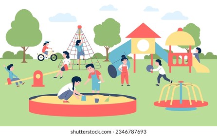 Children play outdoor on backyard playground. City park summer activity, kids walking and playing. Cartoon flat recent vector characters