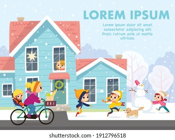 Children play outdoor in winter on Christmas.Winter season, snowfall, cold outside. Children girl look out the window.Vector illustration of a winter landscape. Kids making building snowman.