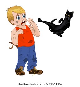 Children play outdoors, hoodlum cheerful little boy frightened the black cat. Funny cartoon character. Vector illustration