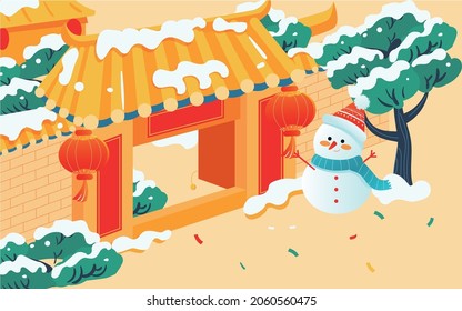 Children play outdoors in winter. Illustration of Chinese New Year characters and New Year greeting posters
