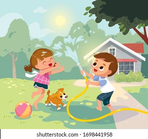 Children play outside. Children having fan.  Summer camp activities with water splashing. Summer background. House with backyard.