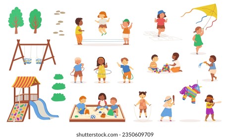 Children play outside. Summer activities. Outdoor playground equipment for kindergarten or house. Multiculturalism and diversity. Isolated vector illustration. Funny character