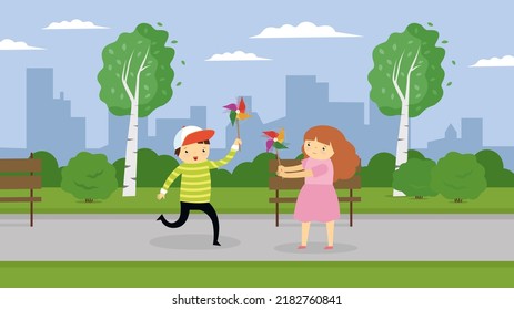 Children play outside with windmills