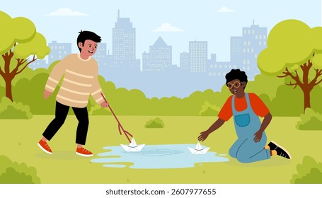 Children play with paper boats in a city park on a sunny day