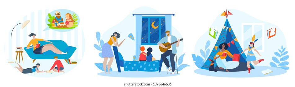 Children play with parents vector illustration set. Cartoon flat happy family people spending time together, mother reading fairy tale story to kids and playing imagination games isolated on white