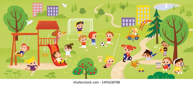 Children Play Park Kids Summer Activities Stock Vector (Royalty Free ...