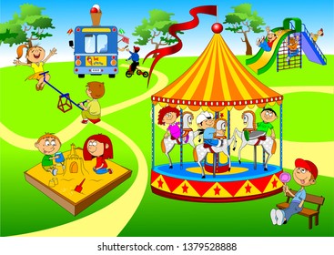 Children play in the park. Mom walks with the baby. Vector and illustration
