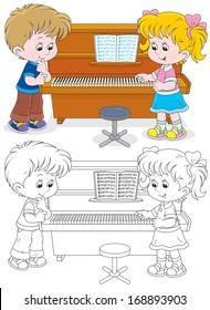 Children play a piano