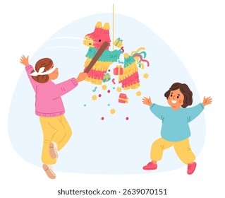 Children play pinata. Happy kids smashing toy with sticks. Mexican party game. Pony figure with confetti or sweets. Falling gifts from paper donkey. Holiday celebration