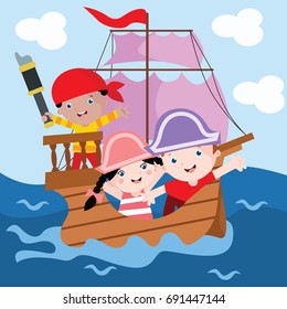 Children Play Pirates Cartoon Vector Illustration
