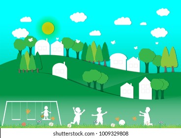 Children play in the playground and natural, environmentally friendly