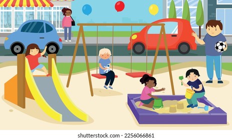 Children play in the playground next to parked cars
