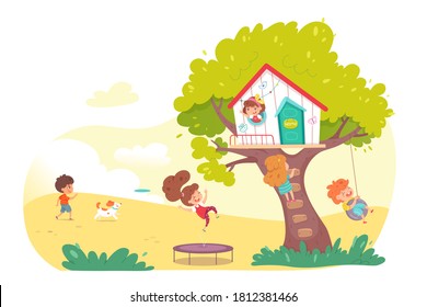 Children play in playground with treehouse. Boy running with dog, rides on swing. Girl jumping on trampoline, playing in wooden house. Vector character illustration of summer kids activity outdoors