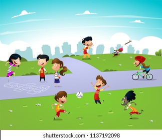 Children play in the playground. Vector cartoon