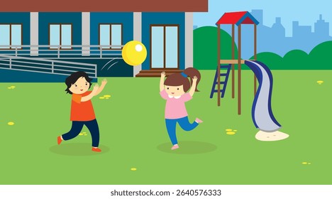Children play in the playground. Vector illustration in flat cartoon style.