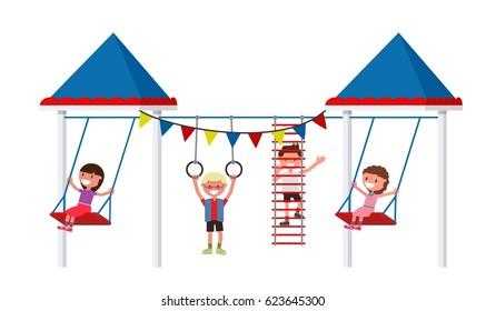 Children play in the playground. Vector illustration. Flat style design. Isolated on a white background.