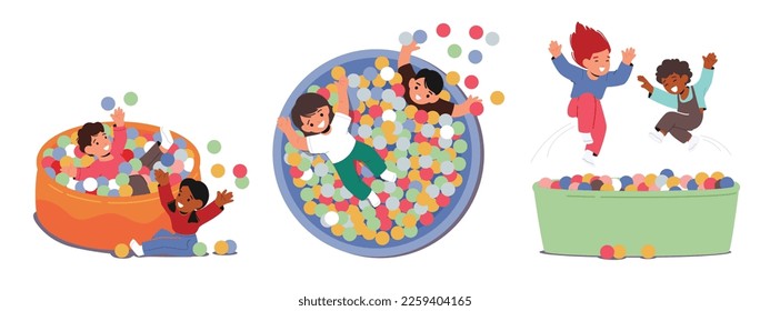 Los Niños Juegan En La Piscina Con Bolas Coloridas, Personajes Infantiles Entusiasmados, Diversión. Actividad Familiar, Alegría, Amistad y Concepto de Relajación con Niños y Niñas. Ilustración de vectores de personas de caricatura