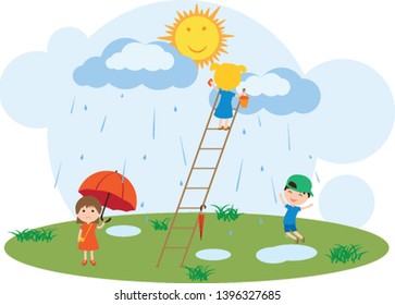Children play in the rain. Little girl climbed up the ladder to the cloud to wash the sun. Children dreams.