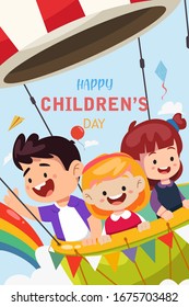 children play & ride a air balloon illustration
