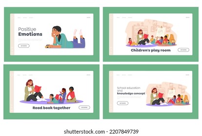 Children Play Room Landing Page Template Set. Smiling Kindergarten Teacher Reading to Kids Sitting around. Woman Tutor And Preschoolers Read In Nursery. Cartoon People Vector Illustration