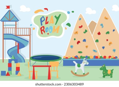 Children play room with toys slope trampoline climbing park elements flat background cartoon vector illustration