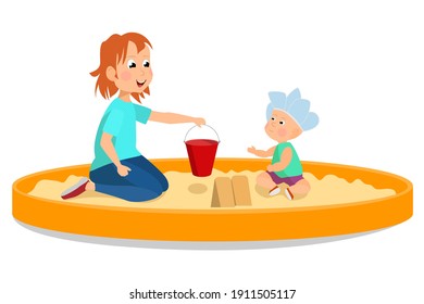 Children play in the sandbox. A girl and a kid make shapes out of sand with a bucket. Cartoon style vector isolated on white.