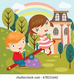 Children Play See Saw Cartoon Vector 스톡 벡터(로열티 프리) 678151642 | Shutterstock