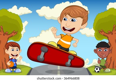 Children play skateboard, basketball and soccer on the street cartoon vector illustration