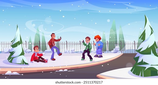 Children play snowball. Cute winter background with happy kid in park on Christmas. December season activity with fight in snow. Outdoor xmas competition game on garden yard scene with friends