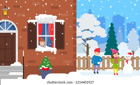 children play snowballs on the winter street. girl sitting at home and looking through the window