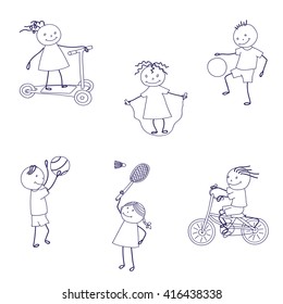 Children play sports. Monochrome hand draw set.