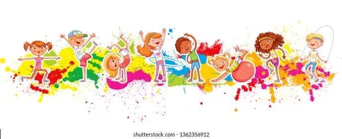 Children play sports on a background of colorful splashes. Children's panorama for your design. Template for advertising brochure or web site. Funny cartoon character. Vector illustration