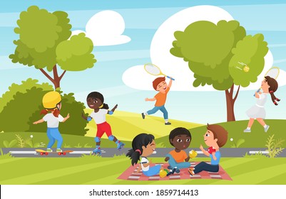 Children play in summer park vector illustration. Cartoon group of little kids playing badminton, happy child skating and skateboarding in playground of recreation park or garden landscape background