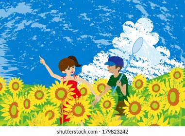 Children play in sunflower field.