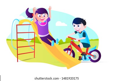 Children play swing cartoon vector Illustration