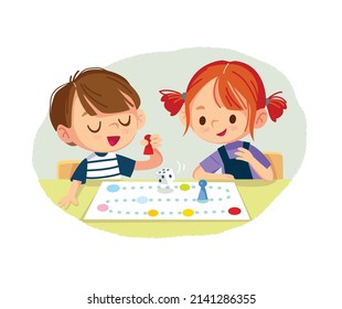 Children play table games. Kids having fun while playing board game. Spending time playing tabletop games. Vector illustration.