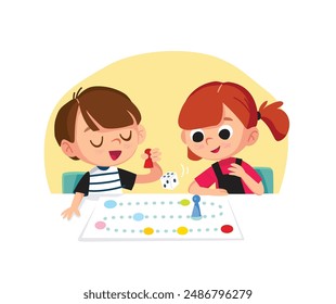 Los niños juegan juegos de mesa. Los niños se divierten mientras juegan juego de mesa. Pasar tiempo jugando juegos de mesa. Ilustración vectorial.