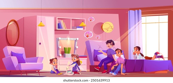 Children play and teenagers have conversation in kids bedroom interior with pink girly color. Cartoon vector illustration of boys and girls in home rest room with bed and armchair, cupboard and mirror