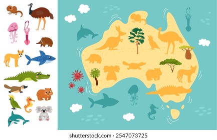 Los niños juegan a la Plantilla. Encuentra la silueta de animal adecuada. Mapa de Australia con el mundo oceánico. Animales de dibujos animados australianos, koala cocodrilo canguro, juego de Vector